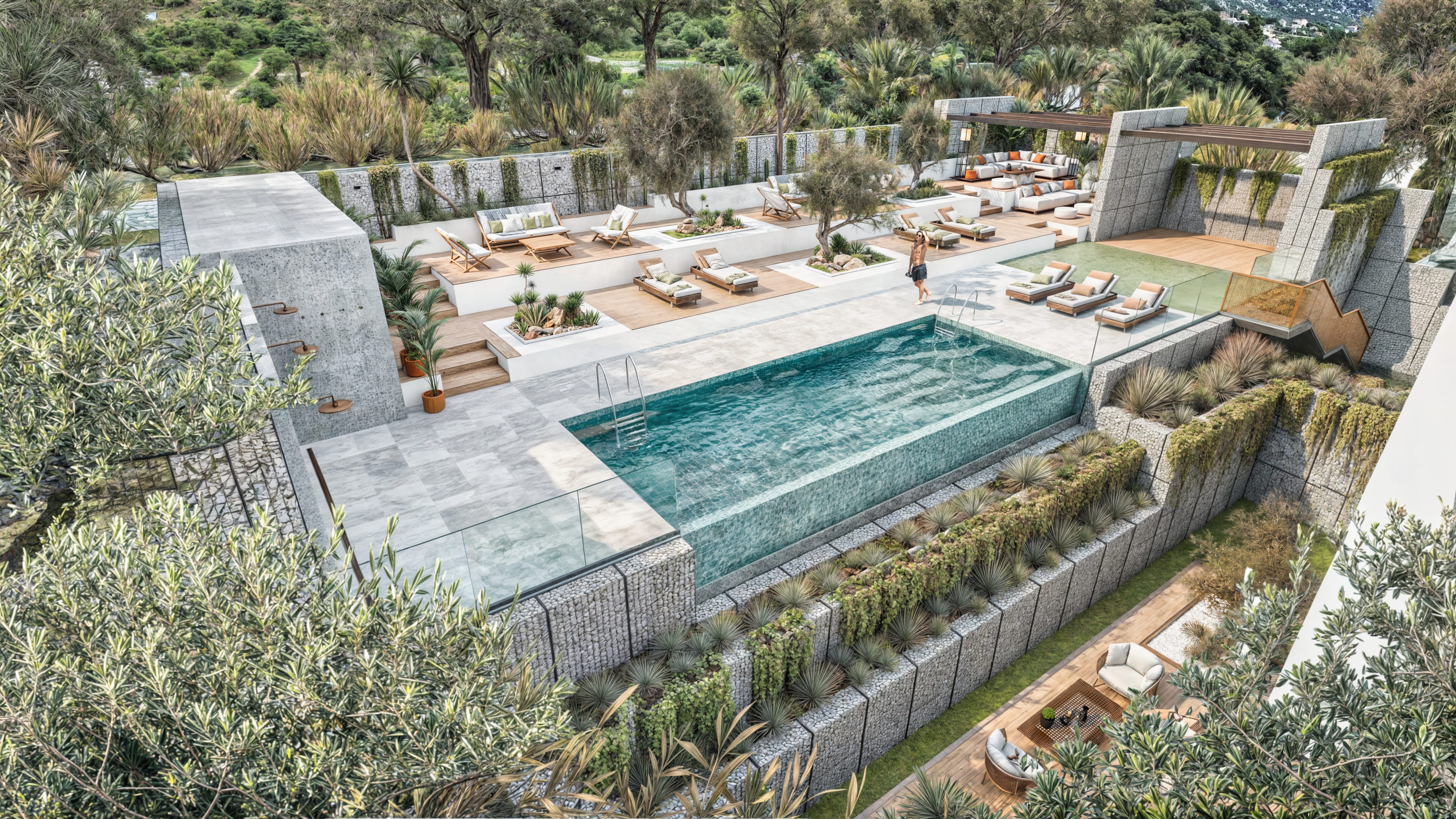 Vizualizacija enterijera velikog stana sa dnevnim prostorom i muškarcem u kuhinji