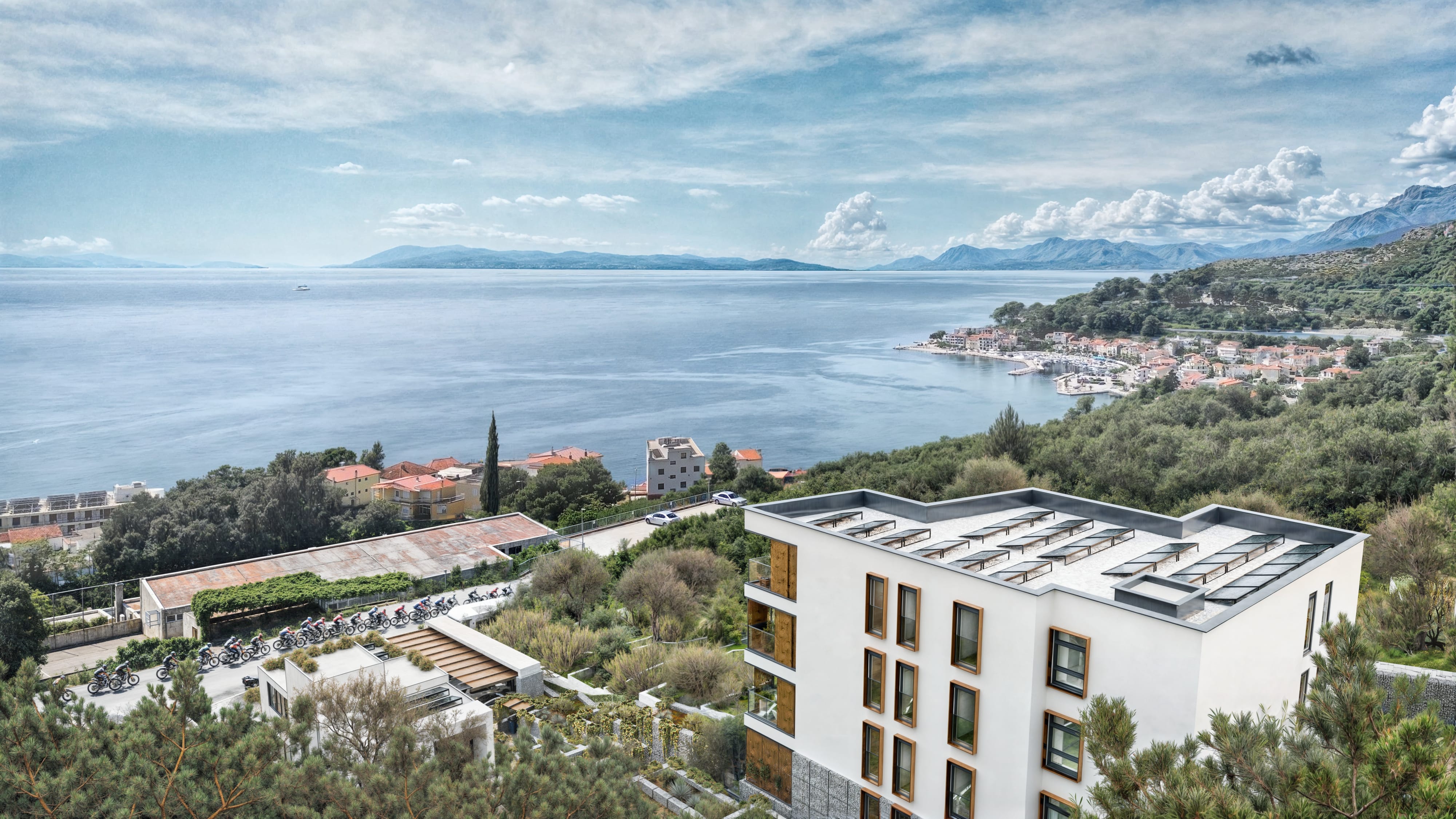 Vizualizacija enterijera velikog stana sa dnevnim prostorom i muškarcem u kuhinji