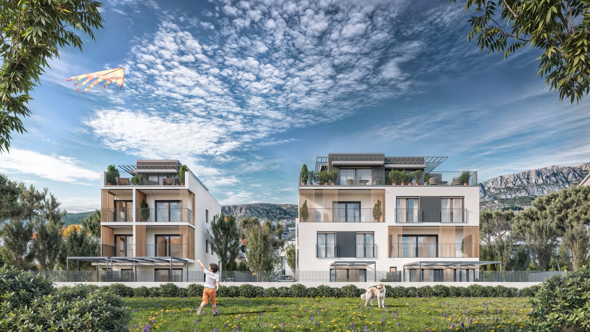 Vizualizacija enterijera velikog stana sa dnevnim prostorom i muškarcem u kuhinji