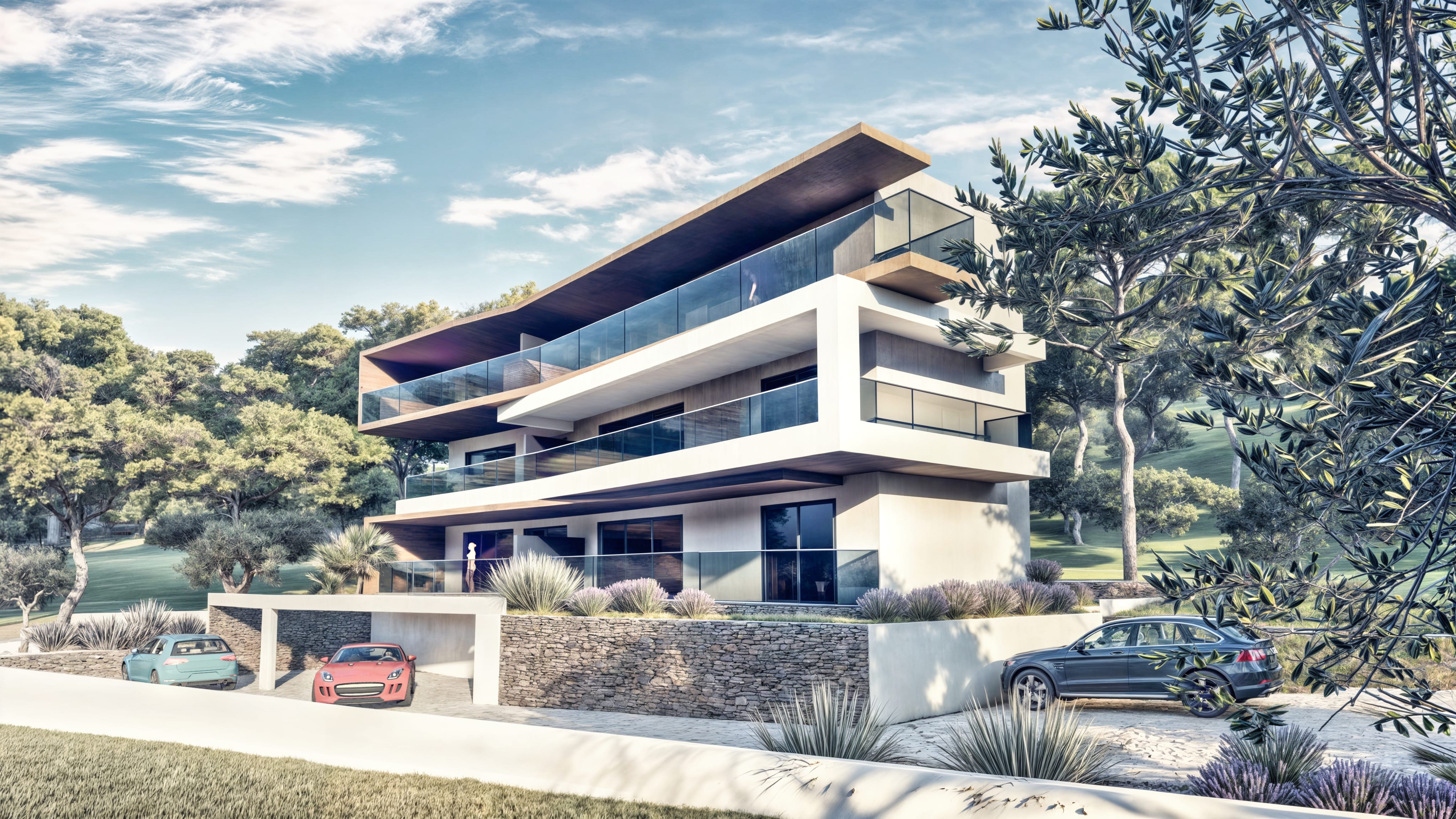 Vizualizacija enterijera velikog stana sa dnevnim prostorom i muškarcem u kuhinji